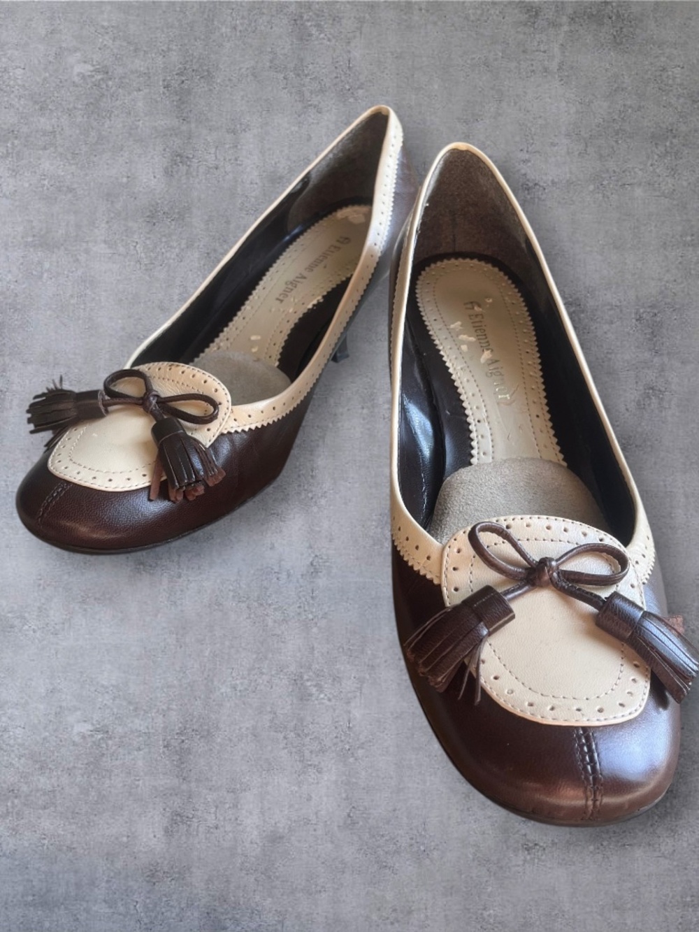 Etienne Aigner Two-Tone Brown & Cream Tassel Kitten Heel Pumps 6 - Picture 2 of 6